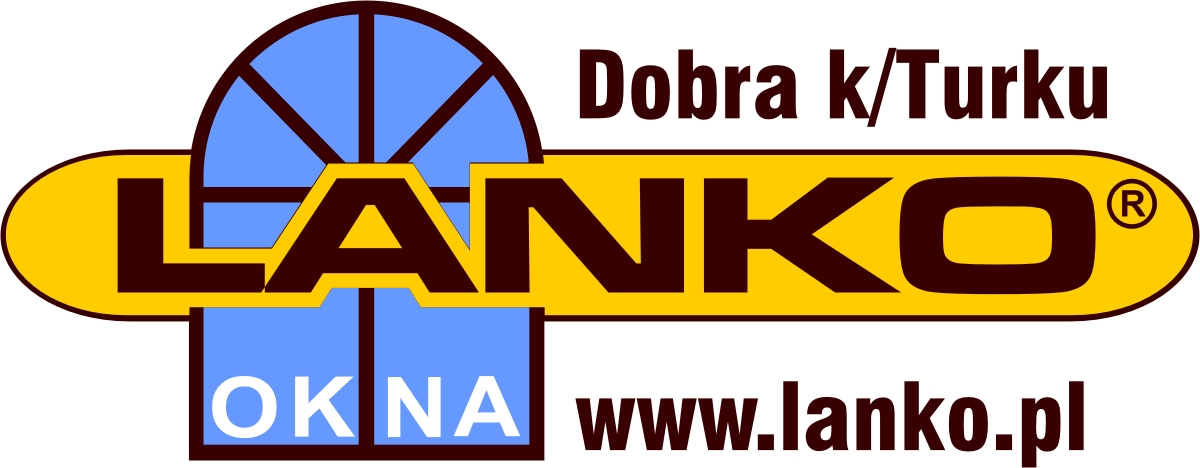 Logo firmy LANKO z napisem 'Okna' i adresem strony internetowej www.lanko.pl, z motywem okna w tle.